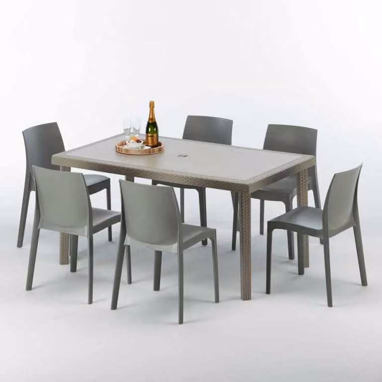 Tavolo rettangolare in polyrattan con 6 sedie colorate 150x90 Beige Marion