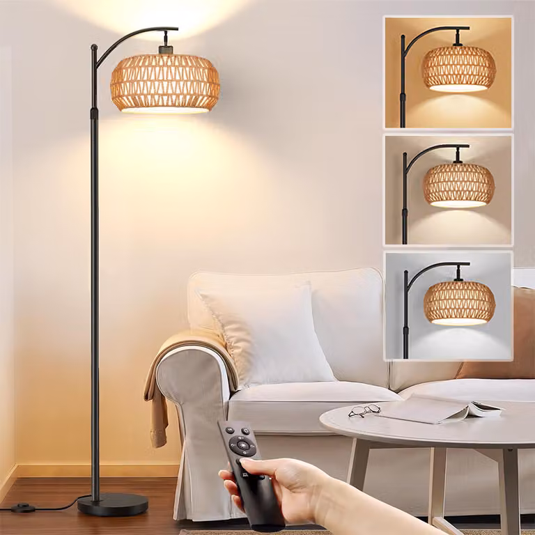 Lampada da terra in rattan Boho Lampada da terra dimmerabile App control Lampada da terra regolabile in altezza con telecomando per camera da letto soggiorno ufficio