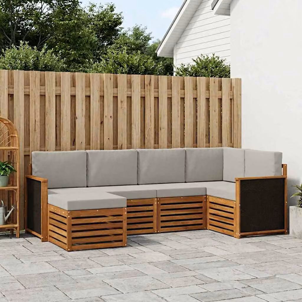 Set di divani da esterno vidaXL a forma di L in legno di acacia con cuscini, 5 pezzi, Beige, Grigio e Marrone