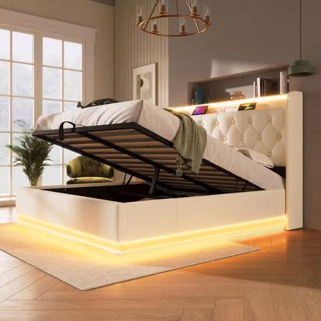 Letto contenitore 160 × 200 cm con LED a 360°; testiera imbottita USB e Type-C; rivestimento in PU bianco