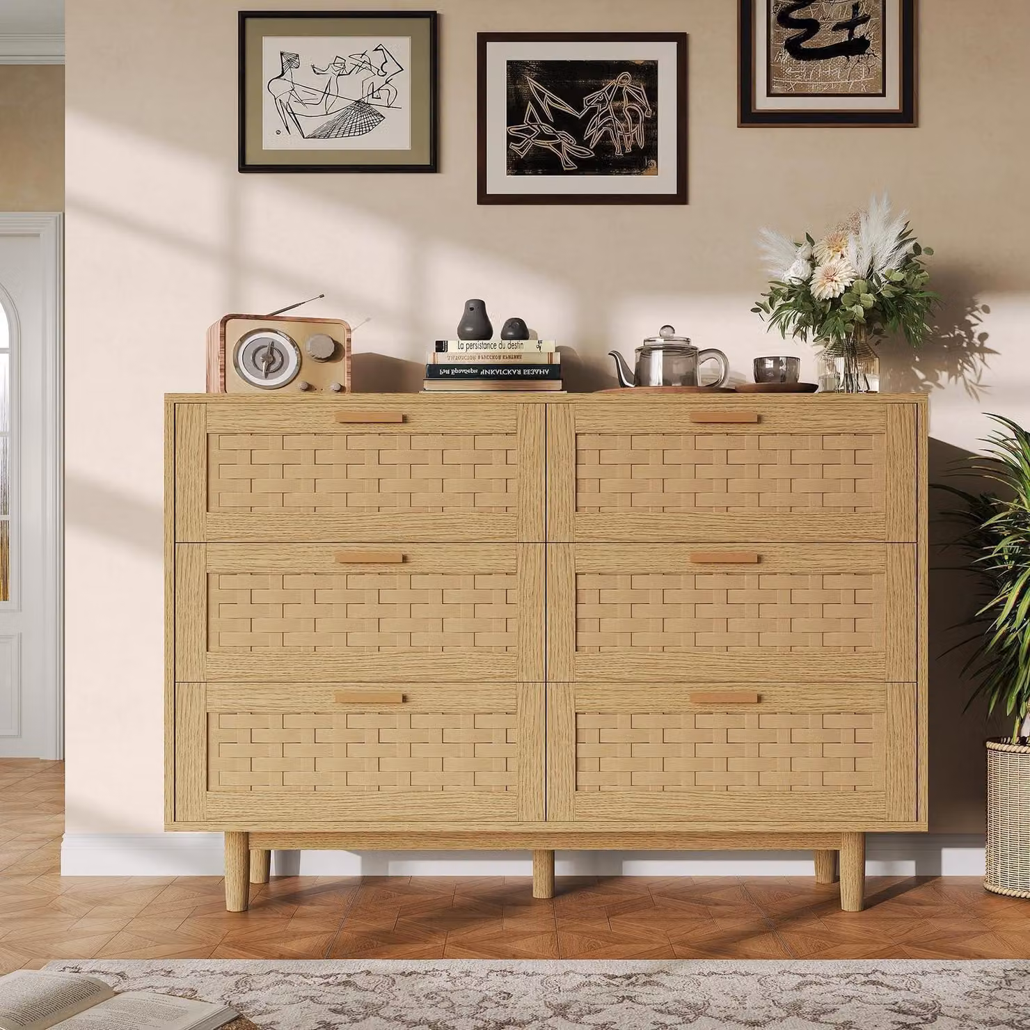 Comodino con 6 cassetti, rattan, 80x40x115 cm. Mobile contenitore, ideale per soggiorno o ingresso, finitura naturale (A5)