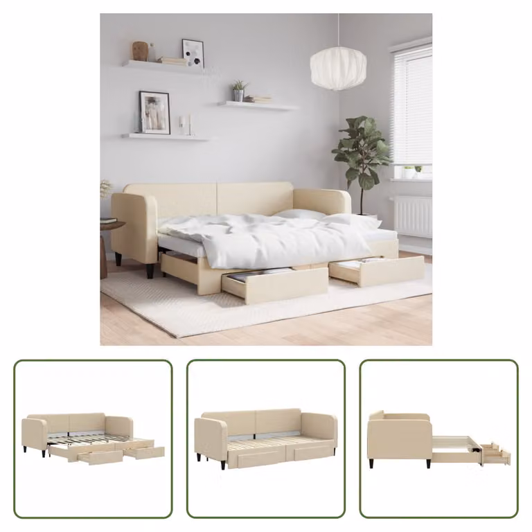 The Living Store letto da giorno allungabile con cassetti crema 80x200 cm in tessuto