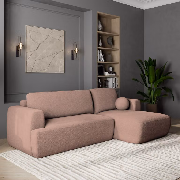 Divano angolare SENTI N R-S di Masseno con funzione letto a L, divano con box letto, divano da soggiorno, divano, divano letto, set di divani - rosa, ORA O MAI PIÙ 61
