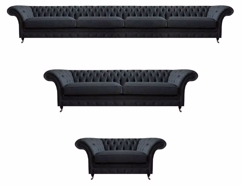 Schicke Chesterfield Sofagarnitur Dunkelgrauer 4-Sitzer Zweisitzer Sessel