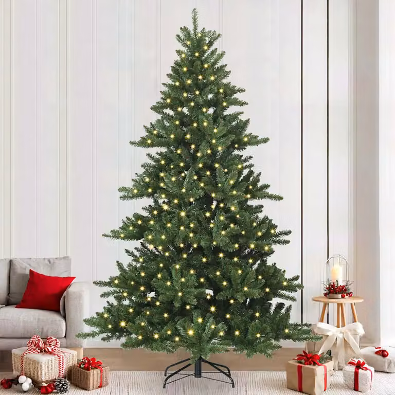 Albero di Natale artificiale moderno vidaXL verde con luci LED bianco caldo e rami in PVC e metallo, Altezza: 240 cm