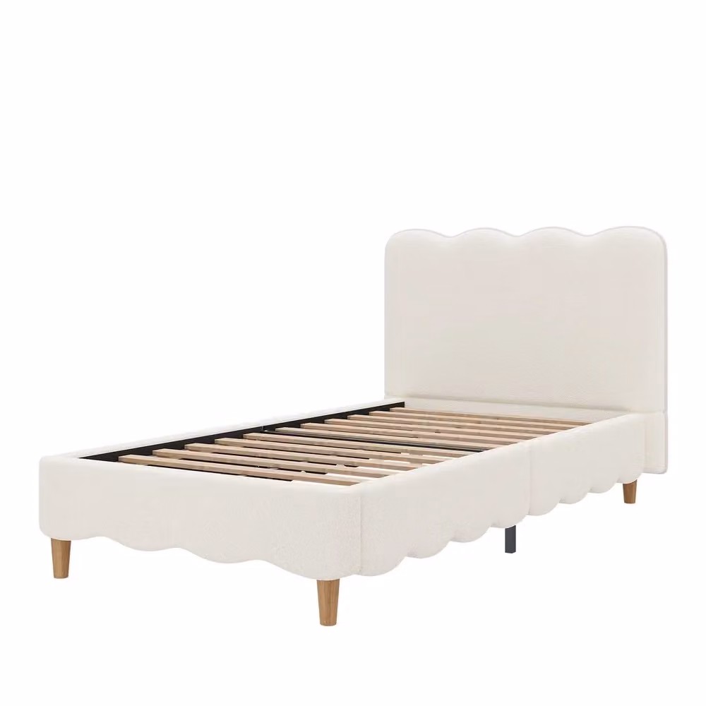 Letto singolo imbottito Minimal bianco in tessuto bouclé con testiera in legno massello e rete a doghe L/P/H: 215 x 90 x 108 cm – 2