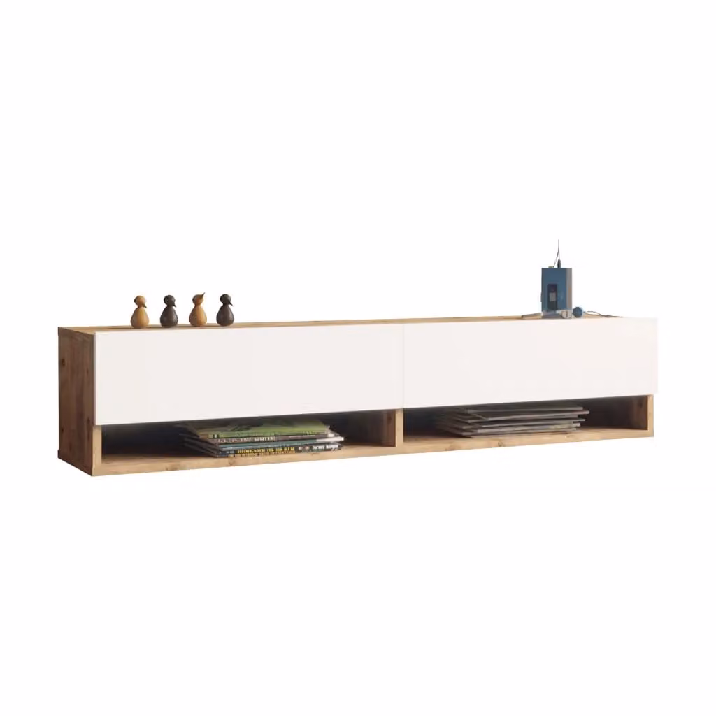 Consolle da parete Laitila en.casa con 2 ante e scomparti per media unit, Rovere e Bianco, L: 140 cm, H: 31,5 cm, P: 29,5 cm – 2