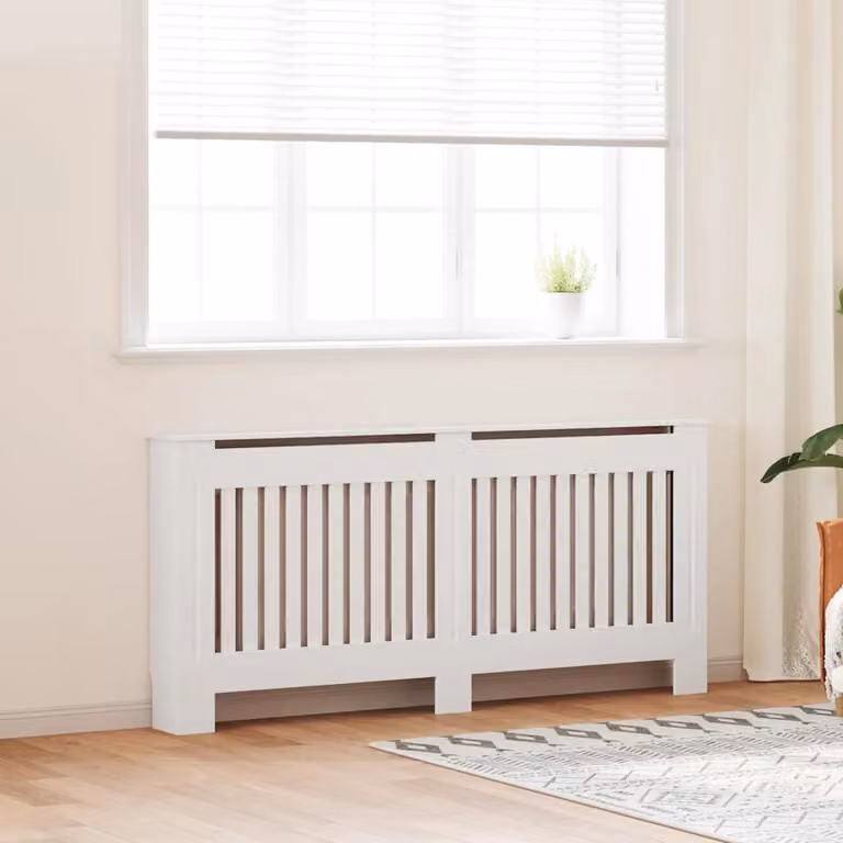 Copertura per radiatore vidaXL in legno multistrato bianca, design moderno per soggiorno o camera da letto, L: 172 cm, H: 81,5 cm, P: 19 cm