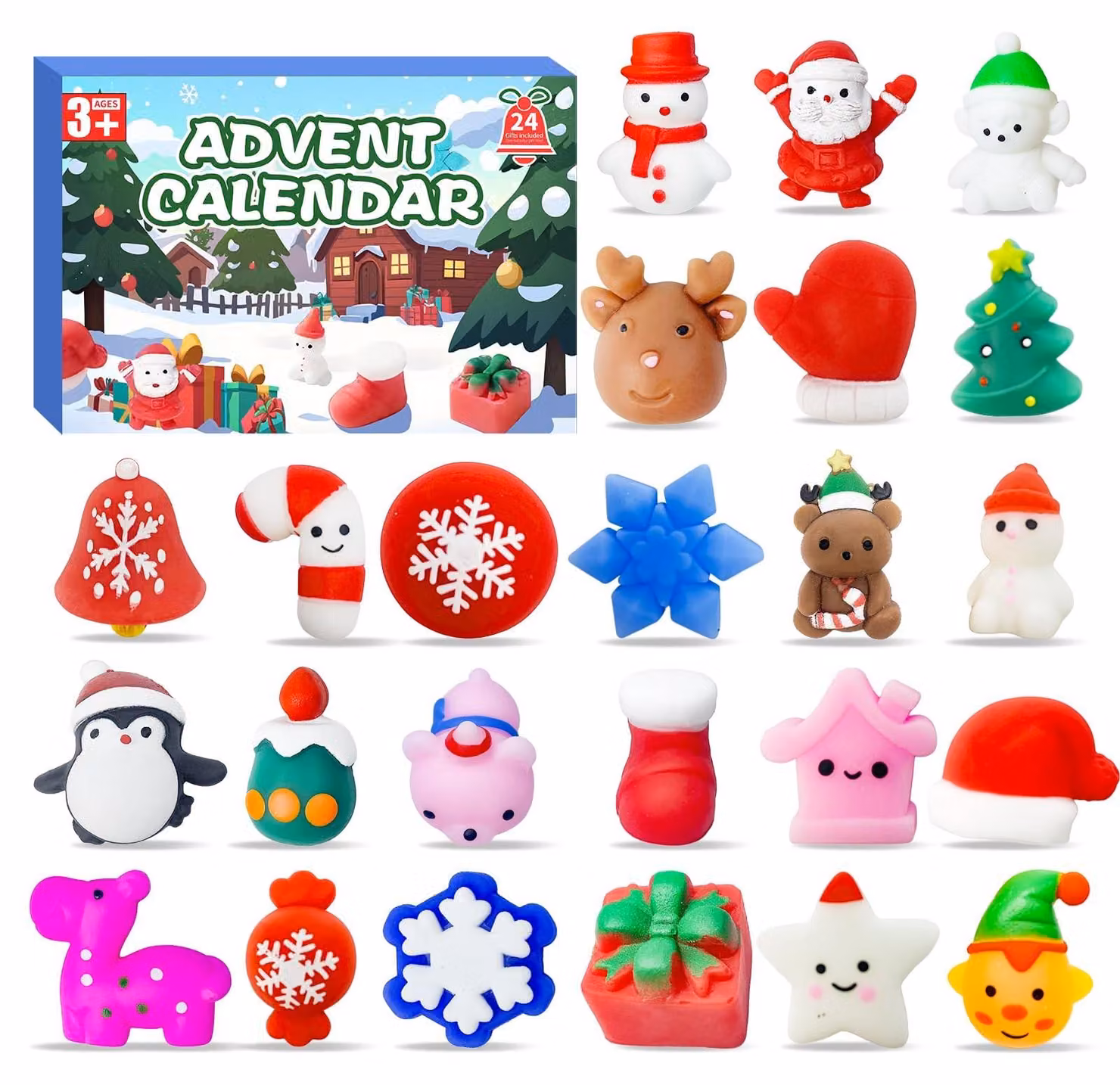 Calendario dell'Avvento con 24 piccoli giocattoli in gomma tipo mochi per bambini
