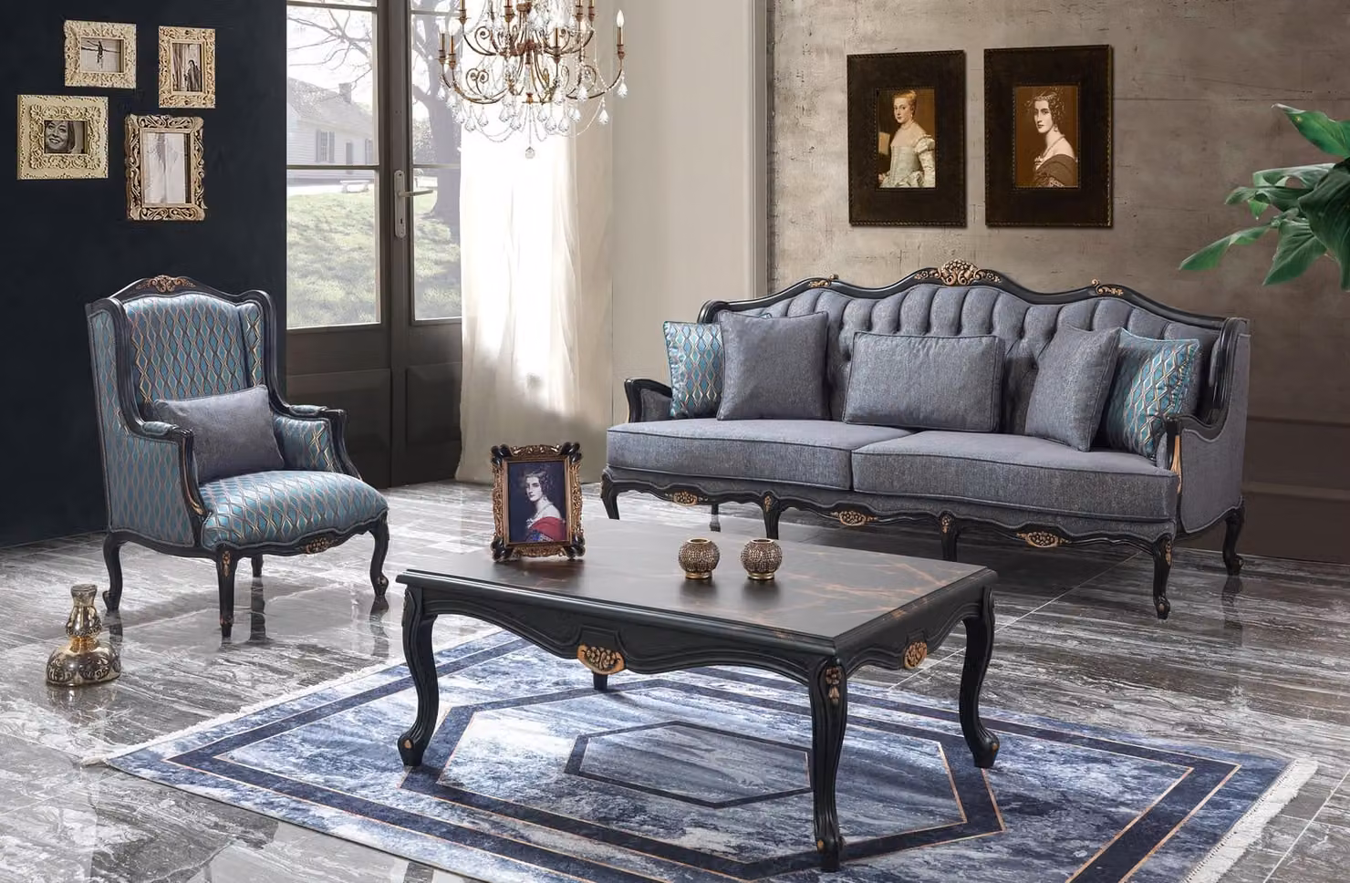 Chesterfield Sofagarnitur Dreisitzer Sessel Stoff Couchtisch Blau
