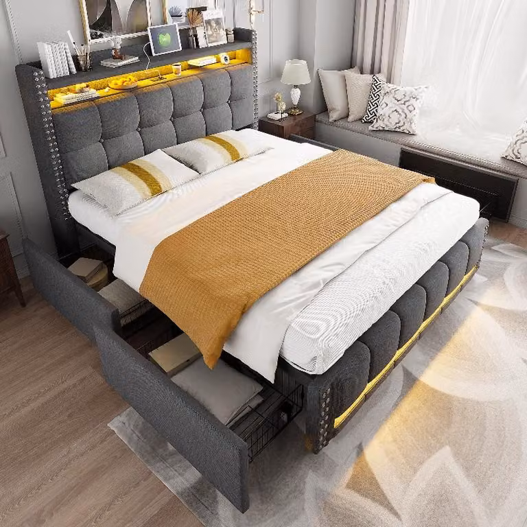 Letto imbottito 160x200 cm con illuminazione a LED, presa USB, testiera con ripiani e vano contenitore, 4 cassetti, rivestito in tessuto di lino grigio, ideale per la camera da letto