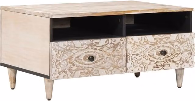 Tavolino da salotto moderno vidaXL in legno di mango e metallo, rettangolare, Bianco e Nero, L: 80 cm, P: 54 cm, H: 40 cm – 1