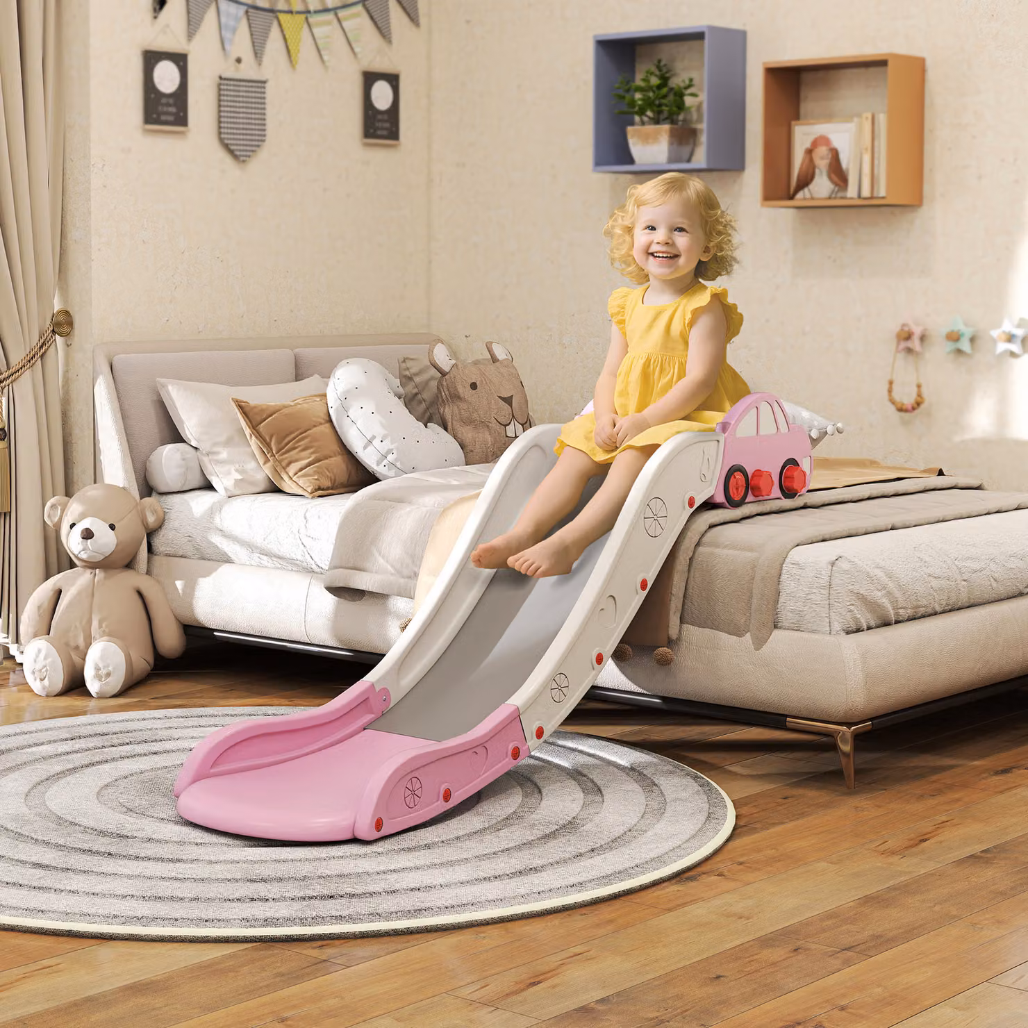 Scivolo per bambini AIYAPLAY in plastica HDPE con zona di ammortizzazione integrata, ideale per divani e letti, rosa – 2
