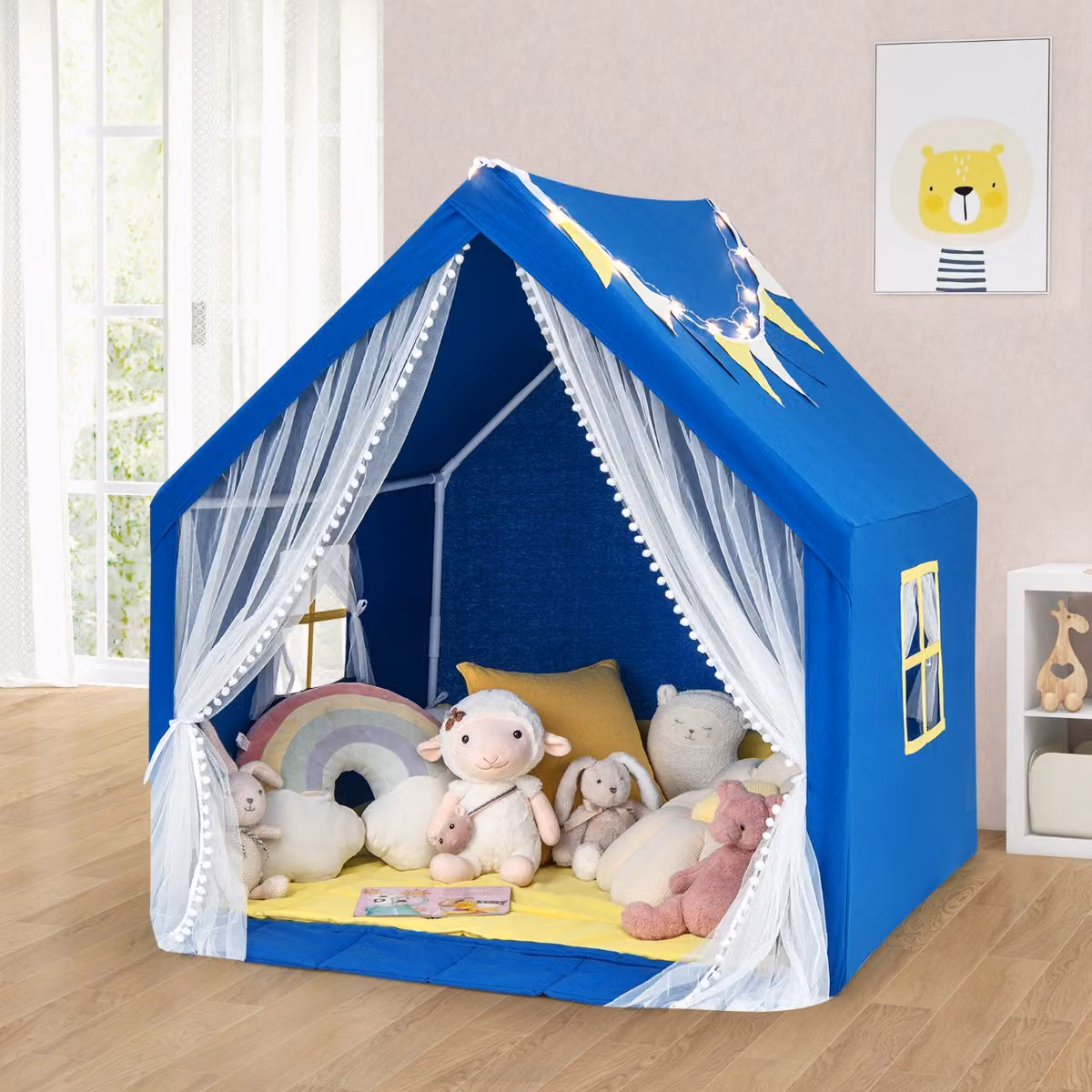 Tenda da gioco per bambini Costway con tappeto in cotone lavabile e luci stellari, Blu, L 122 cm x P 105 cm x H 125 cm