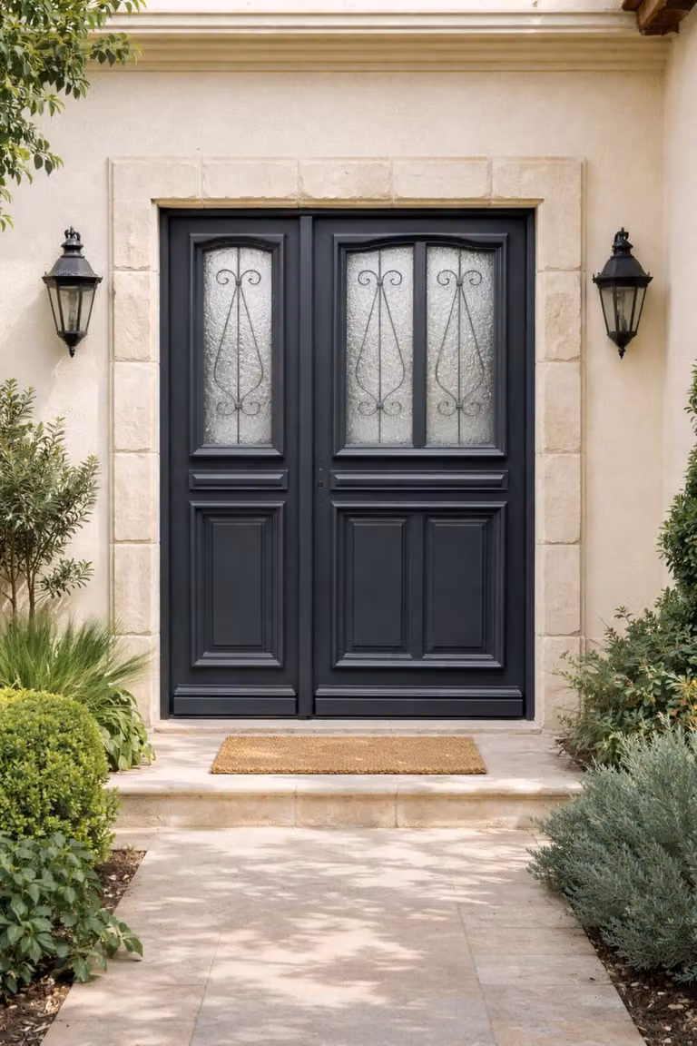 Porta d'ingresso in legno a tre ante Mathilde grigio antracite, H.215xL.140 cm, lato con pannello, apertura a destra, GD MENUISERIES
