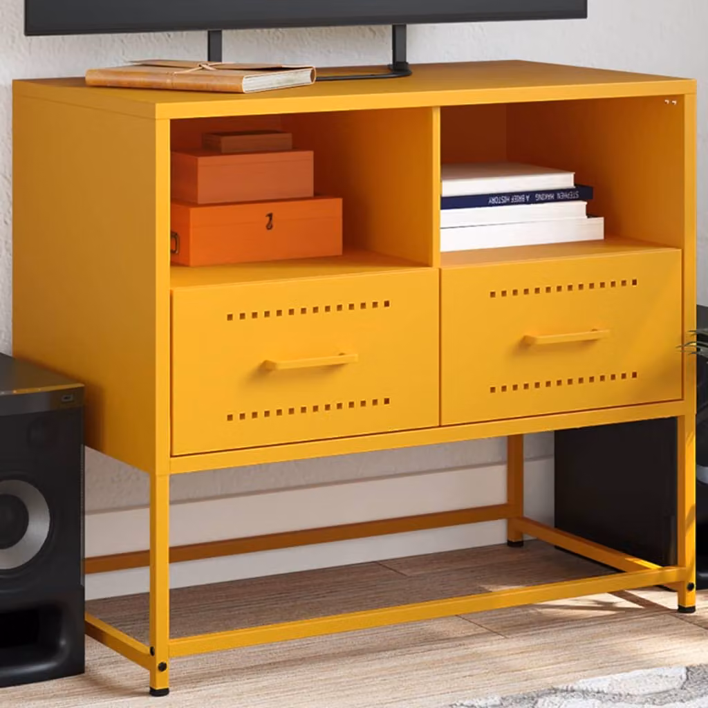 Mobile TV vidaXL in acciaio stile industriale, Giallo, L 68 cm x P 39 cm x H 60,5 cm