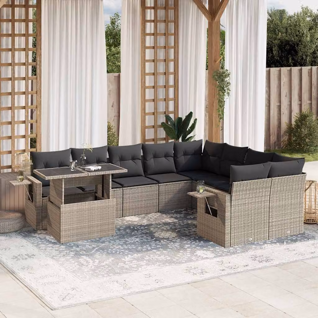 Set Divano da Giardino vidaXL 10 Pezzi in Polyrattan Grigio Antracite con Cuscini e Tavolino – 1