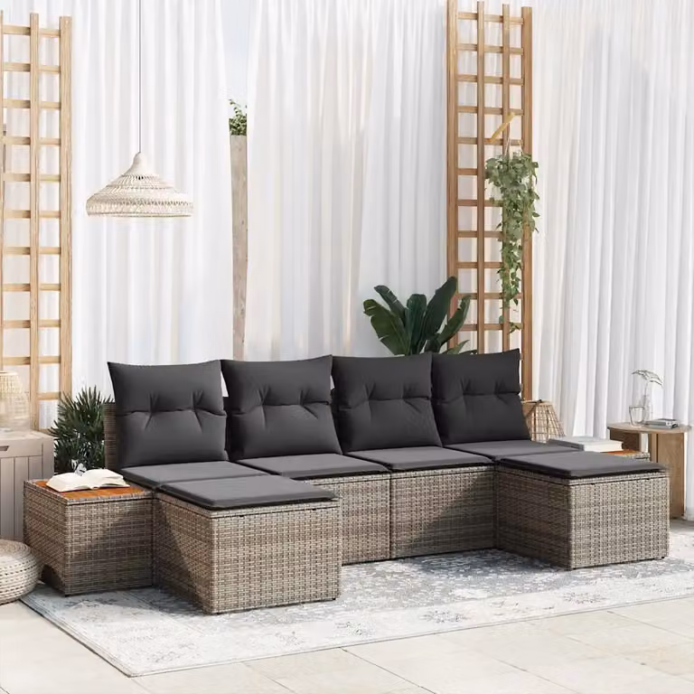 vidaXL Set Divano da Giardino a L con 6 Pezzi Grigio in Rattan e Metallo con Cuscini