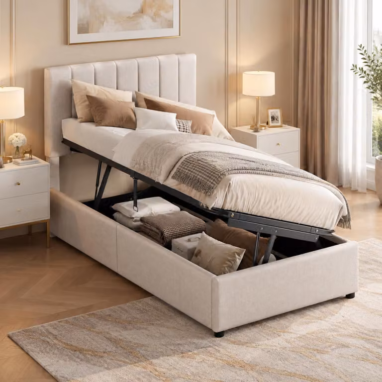 Letto imbottito INONEFT, 90x200 cm, con struttura a molle e spazio contenitore idraulico, letto singolo con rete a doghe e poggiatesta regolabile, letto per bambini, colore: lino, beige