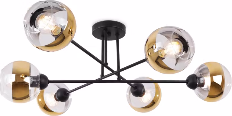Lampada da soffitto Asturia nera a 6 luci con paralume in vetro dorato E27