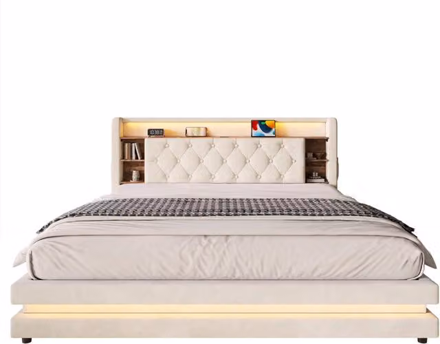 Letto matrimoniale 180x200 cm con contenitore idraulico; LED e USB-C in velluto beige