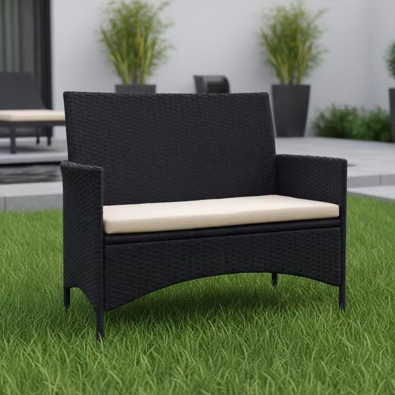 Mucola panca da giardino panca in rattan panca in polyrattan cuscino nero seduta beige rivestimento panca panca da parco mobili da giardino giardino cuscini in poly rattan