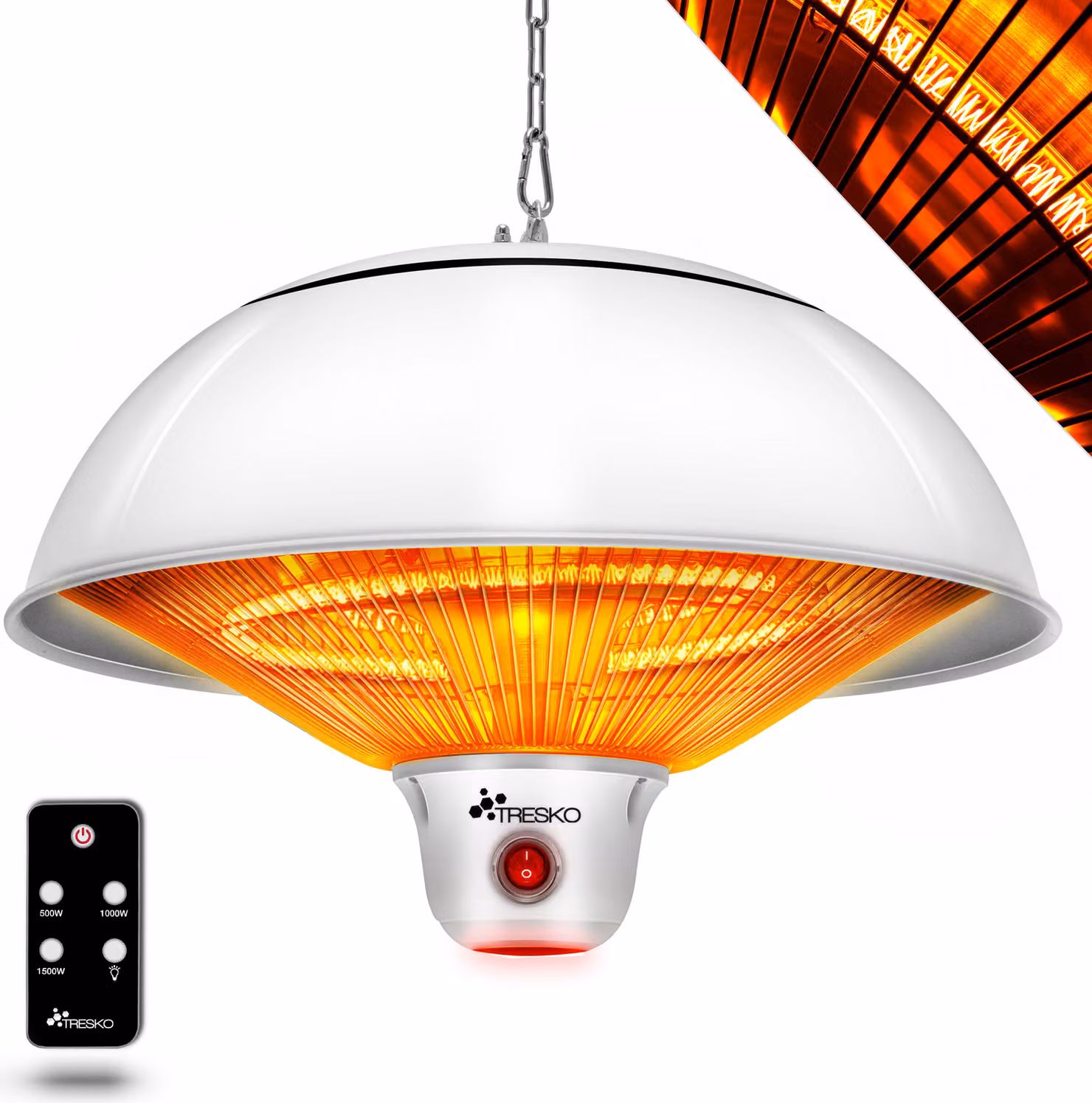 TRESKO Riscaldatore radiante a soffitto a infrarossi Riscaldatore radiante bianco 1500W con telecomando e illuminazione a LED | Riscaldatore radiante elettrico con 3 livelli di riscaldamento | Riscaldatore per patio da interno e da esterno | Riscaldatore