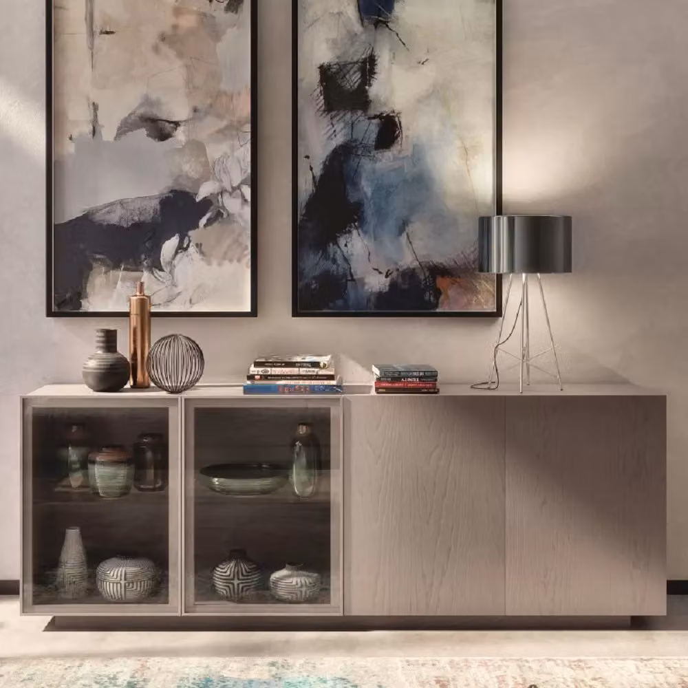 Madia moderna Mobili2g in legno di frassino grigio opaco con illuminazione integrata e cassetti soft-close L: 240 cm, P: 48 cm, H: 88 cm – 1