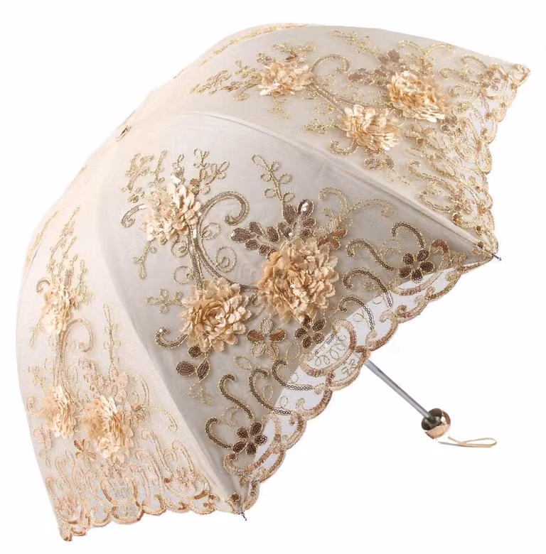 Ombrello da sole vintage, pieghevole, con ricami 3D a forma di fiori, confezione da 3 pezzi, colore giallo, protezione UV 50+, diametro 88 cm