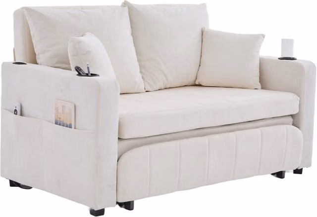 Divano in tessuto beige multifunzionale con letto estraibile, tasche laterali, porte USB e portabevande, 139x83x58 cm