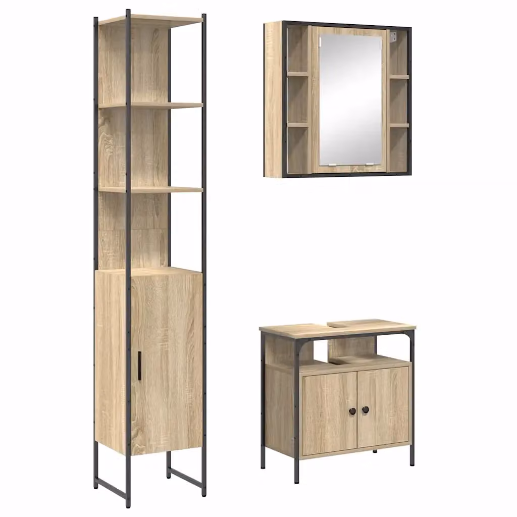 Set di mobili per il bagno moderno vidaXL in 3 pezzi color rovere con specchio, mobile lavabo e colonna alta, L/P/H: 185.5 x 33.0 x 47.5 cm – 2
