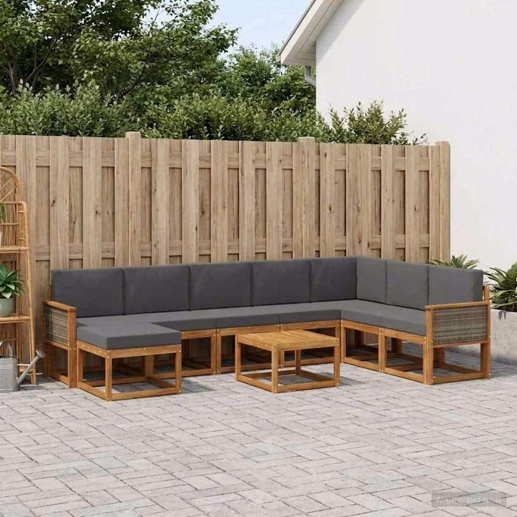 vidaXL Set di divani da esterno a L in legno di acacia con tavolino e pouf, 9 pezzi, Marrone e Antracite