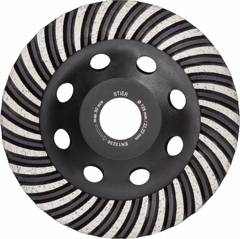 Disco a tazza diamantato STIER, 125 x 22,23 mm, con cerchio turbo, per calcestruzzo e pietra naturale, elevata capacità di asportazione, 12.200 giri/min