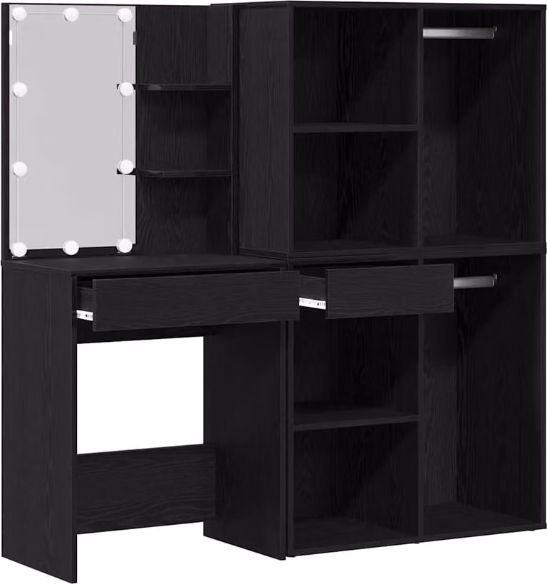 Set Tavolo da Trucco LED Rovere Nero 140 x 40 x 140 cm
