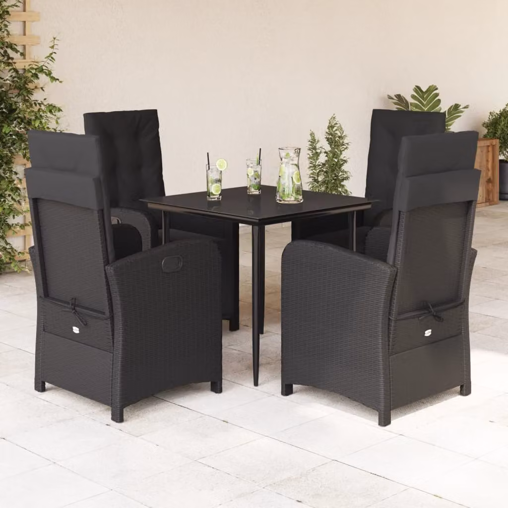 Set da Pranzo da Giardino vidaXL 5 pz Nero in Polyrattan con Piano in Vetro