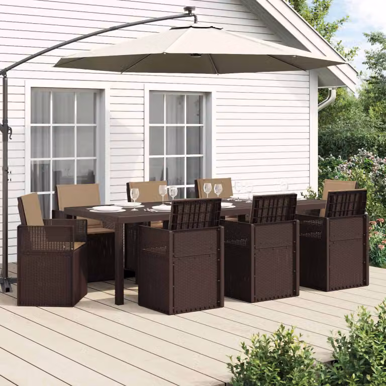 Set da pranzo per giardino e terrazzo vidaXL in plastica da 9 pezzi, marrone e beige