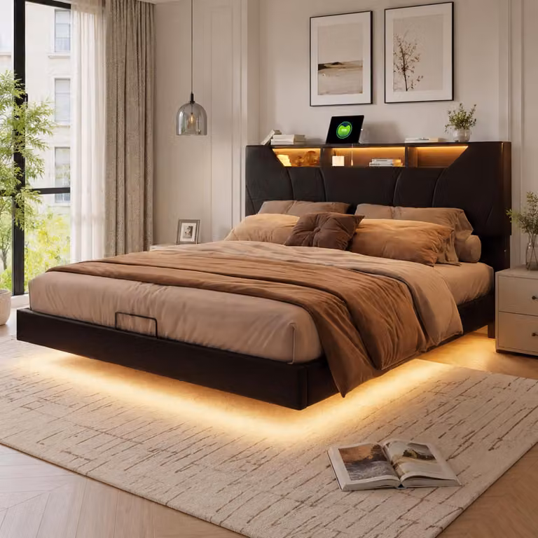 Letto imbottito INONEFT, modello sospeso, 140x200 cm, con LED, porta USB e connettore di tipo C, letto matrimoniale con sistema idraulico e spazio contenitore, letto per ragazzi multifunzionale con rete a doghe, rivestito inPoliuretanonero