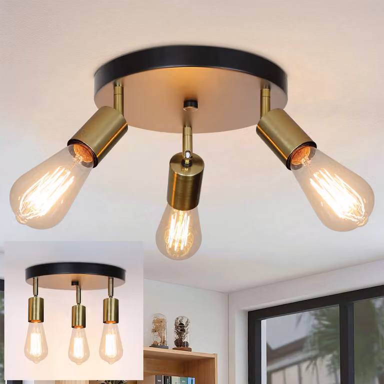 ZMH lampada da soffitto vintage a 3 fiamme faretto da soffitto rotondo, plafoniera moderna camera da letto lampada nera oro E27 industriale orientabile per sala da pranzo corridoio
