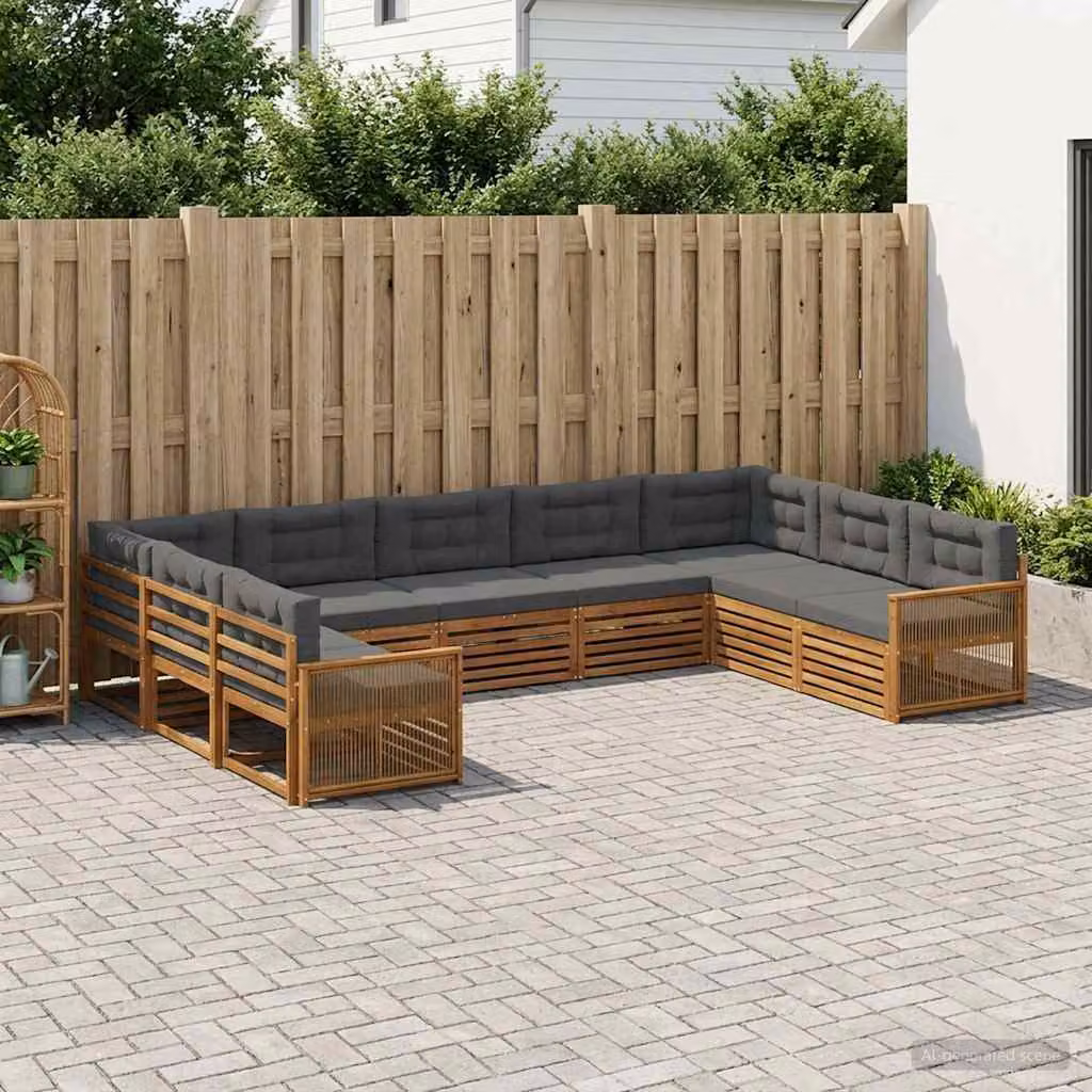 vidaXL Set di divani da esterno a L in legno di acacia con cuscini, 9 pezzi, Beige e Antracite