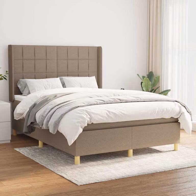 vidaXL Giroletto a Molle con Materasso Ibrido in Tessuto Beige e Bianco, L/P/H: 147 x 190 x 128 cm