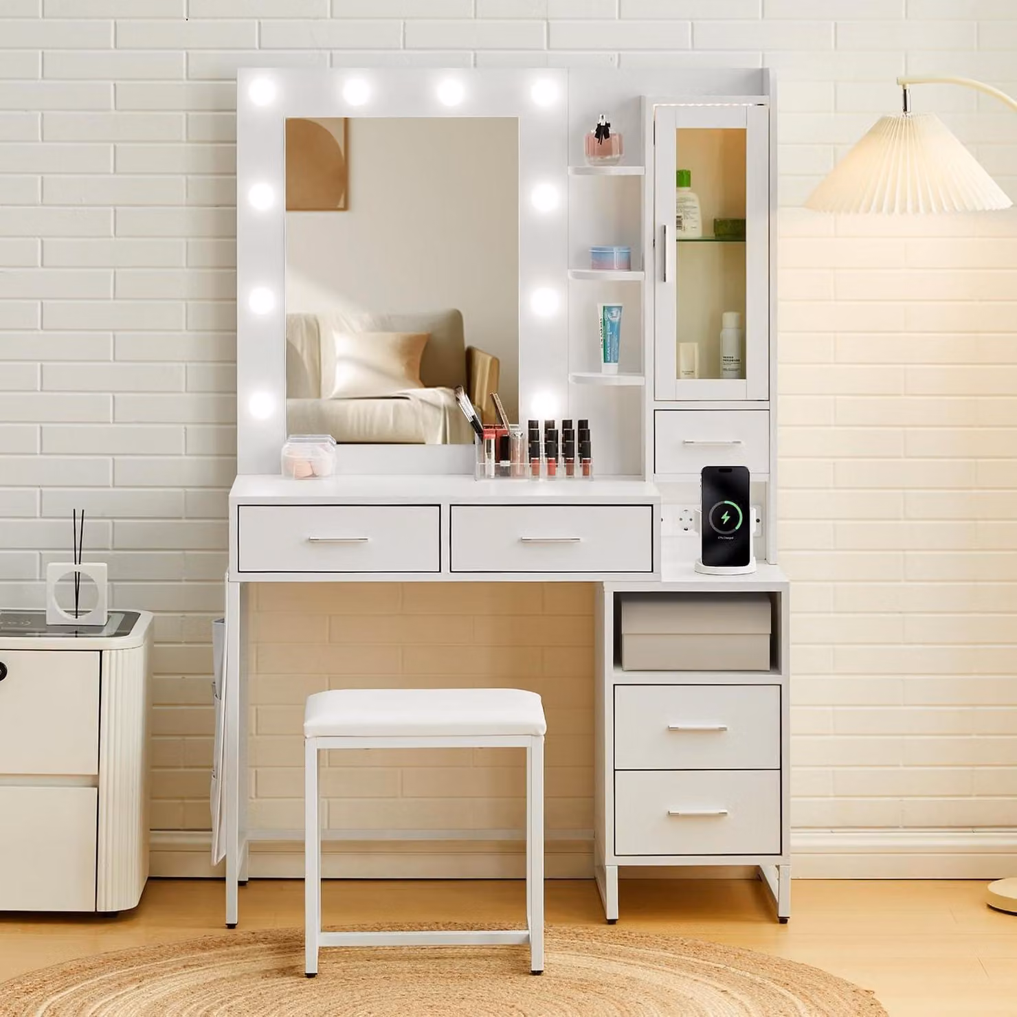 Comò da trucco con illuminazione e specchio, 100 cm, bianco, 5 cassetti, set con sgabello