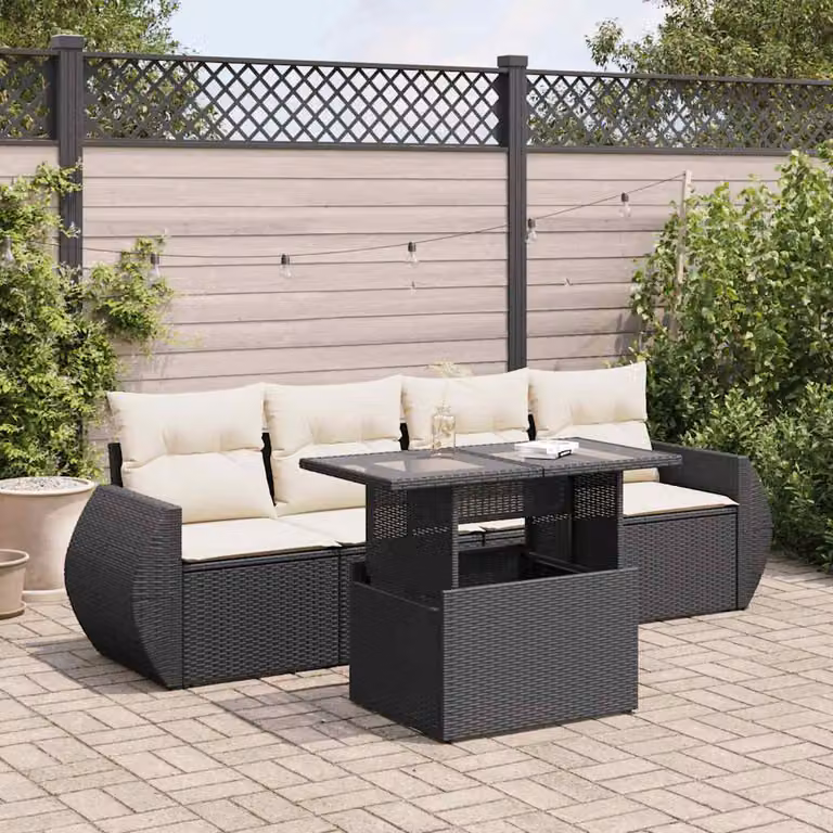 Set da giardino vidaXL composto da 5 pezzi con divani, poltrone, tavolino e cuscini in rattan nero e struttura in acciaio