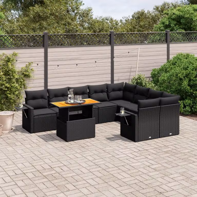 vidaXL Set Divani da Giardino a L in Polyrattan Nero con Cuscini e Tavolino da Esterno