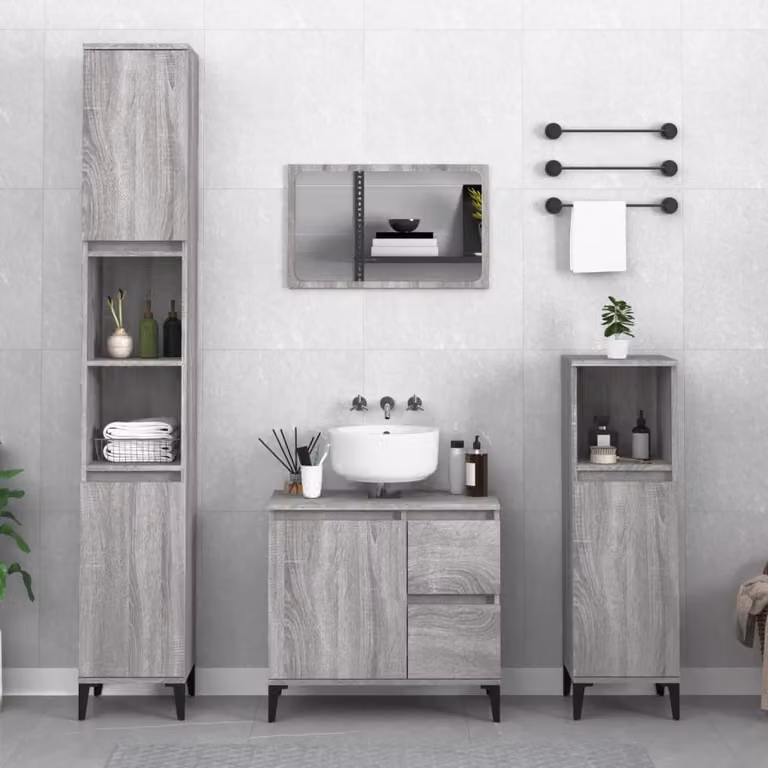 Set di mobili da bagno moderno vidaXL in legno e metallo grigio, composto da 3 pezzi con mobile lavabo e armadio alto