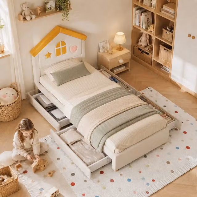 Desviae Letto per bambini imbottito 90 × 200 cm con 4 cassetti in velluto beige e testiera a forma di casa per cameretta
