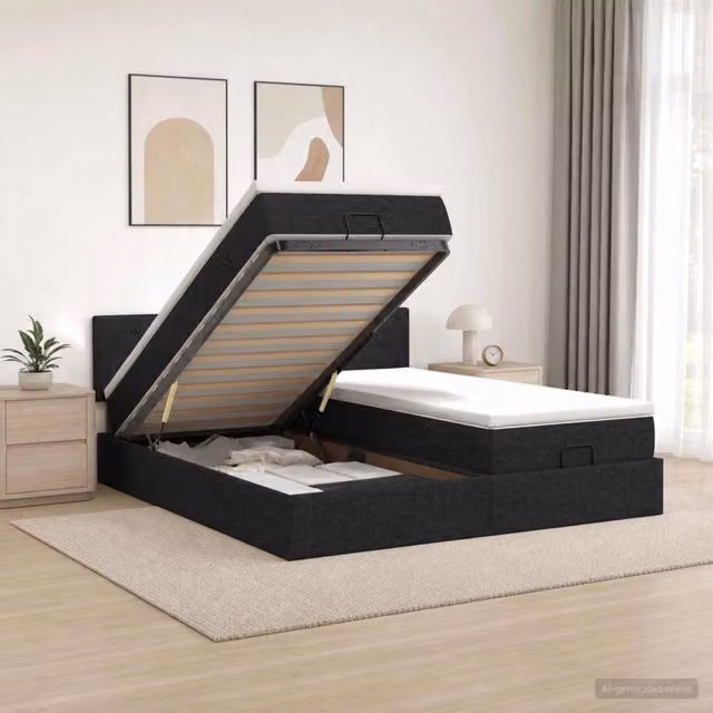 Letto Ottomano con Materasso e Illuminazione LED vidaXL in Tessuto Nero L: 180 cm, P: 200 cm, H: 203 cm