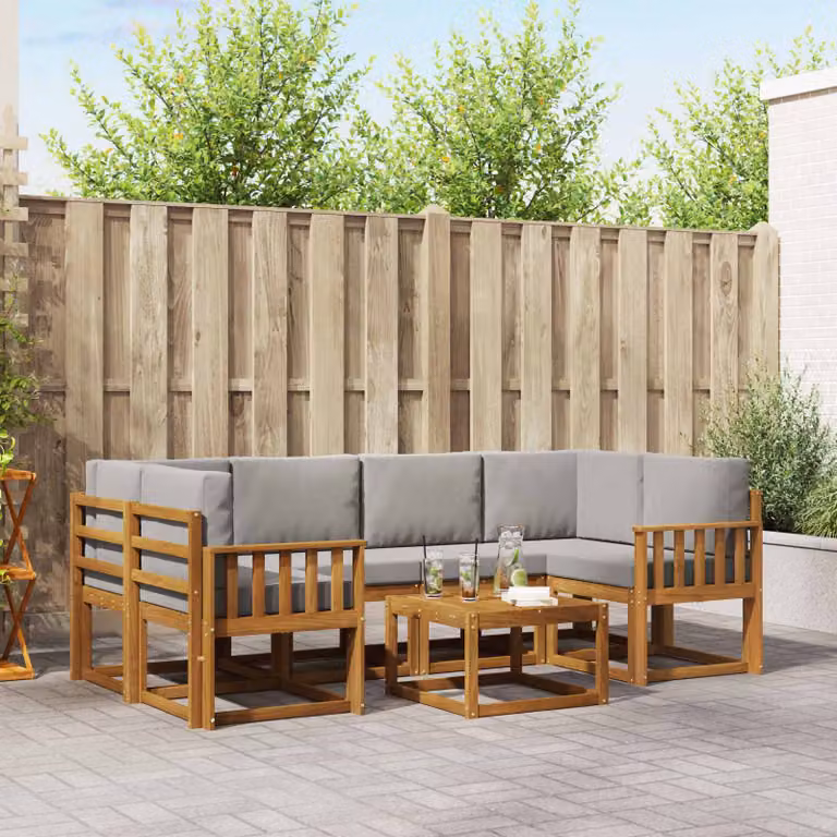 vidaXL Set di divani da esterno 7 pz in legno di acacia con cuscini Grigio e Marrone