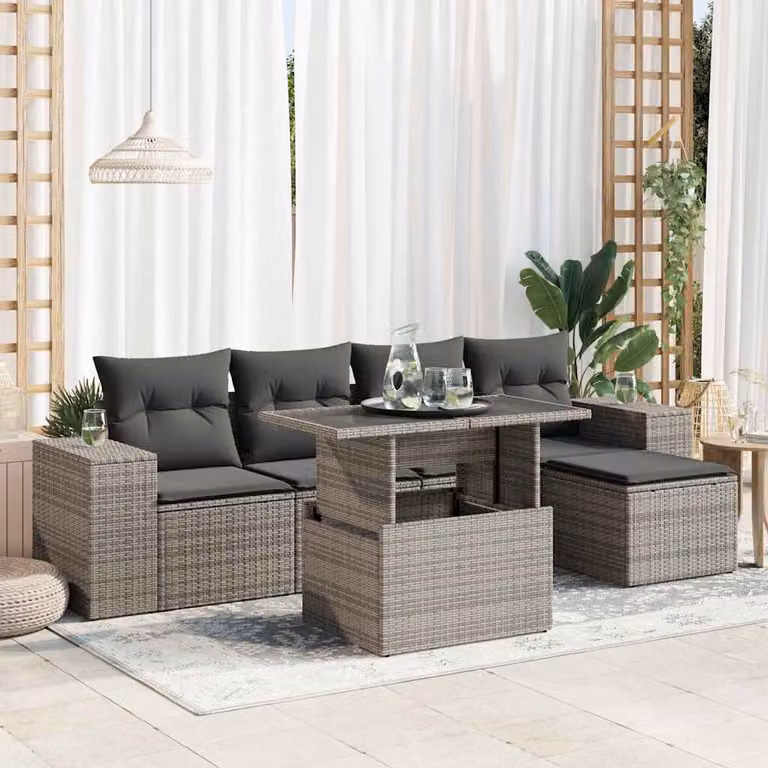 Set Divano da Giardino vidaXL 6 Pezzi a Forma di L con Cuscini e Tavolino, Grigio