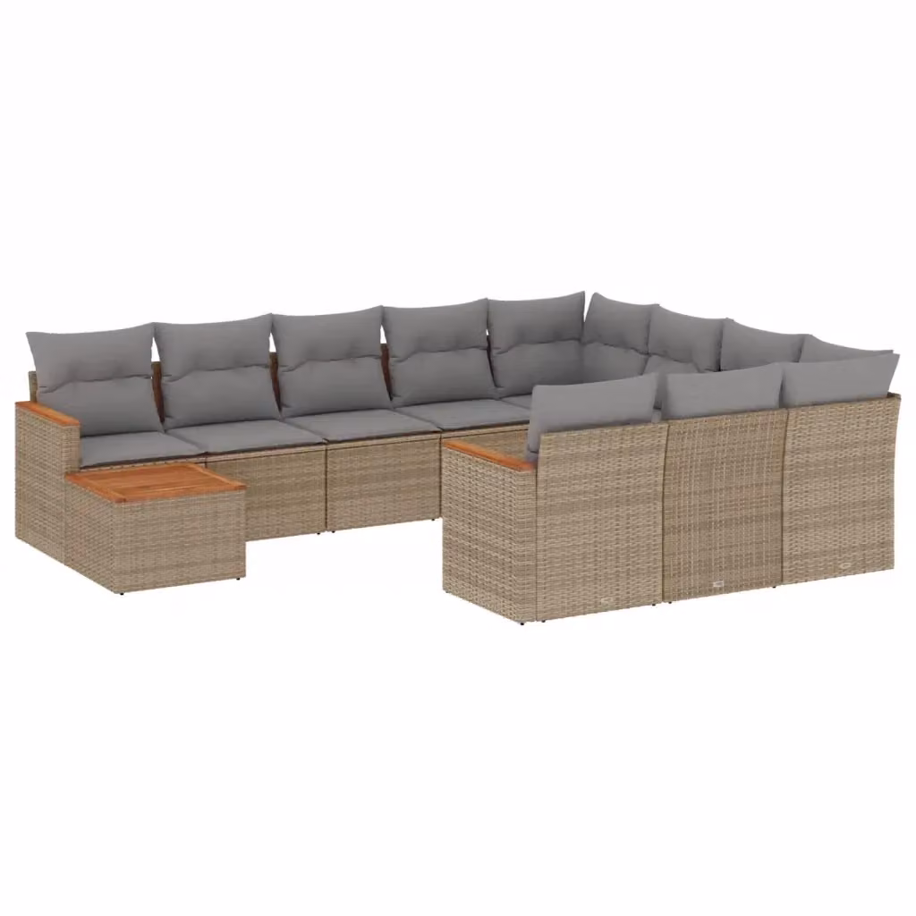 vidaXL Set Divani da Giardino 11 pz a Forma a U in Polyrattan con Cuscini Beige e Tavolino da Esterno – 2