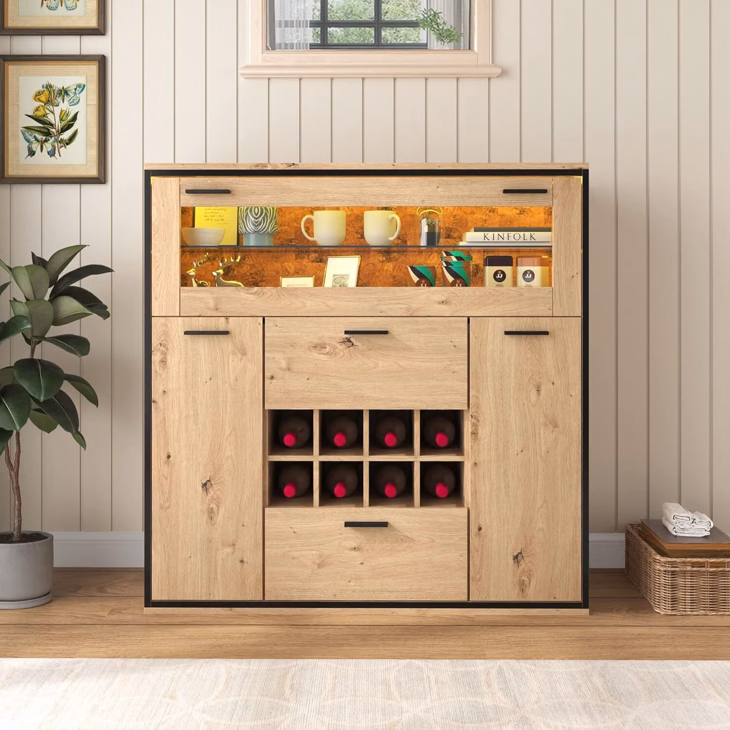 Cassettiera Fortuna Lai, Elegante mobile da vino con doppie ante, ripiano in vetro e portabottiglie - Conservazione perfetta in un'elegante credenza.110 L x 38 L x 111 H(cm)